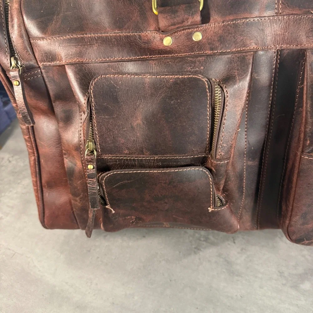 Denver Leather Craft Buffalo Duffel Large Brown Distressed Travel Weekend Bag